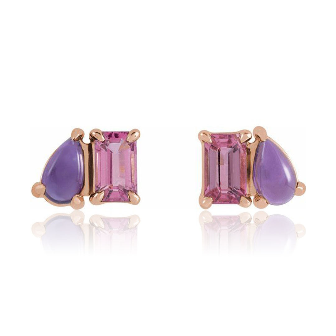 Emerald cut Pink Tourmaline & Pear Amethyst Two-Stone Birthstone Stud Earrings in rose gold