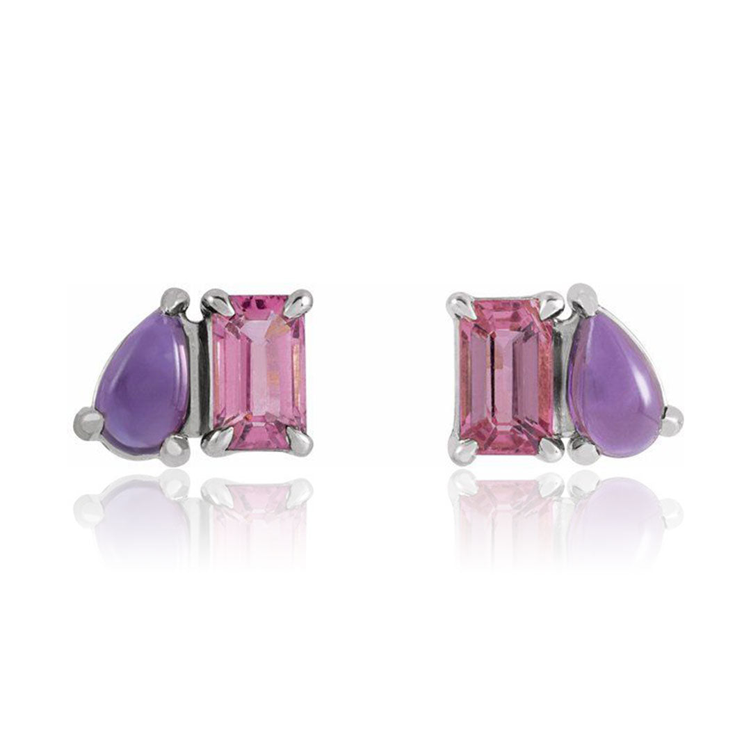 Emerald cut Pink Tourmaline & Pear Amethyst Two-Stone Birthstone Stud Earrings in white gold