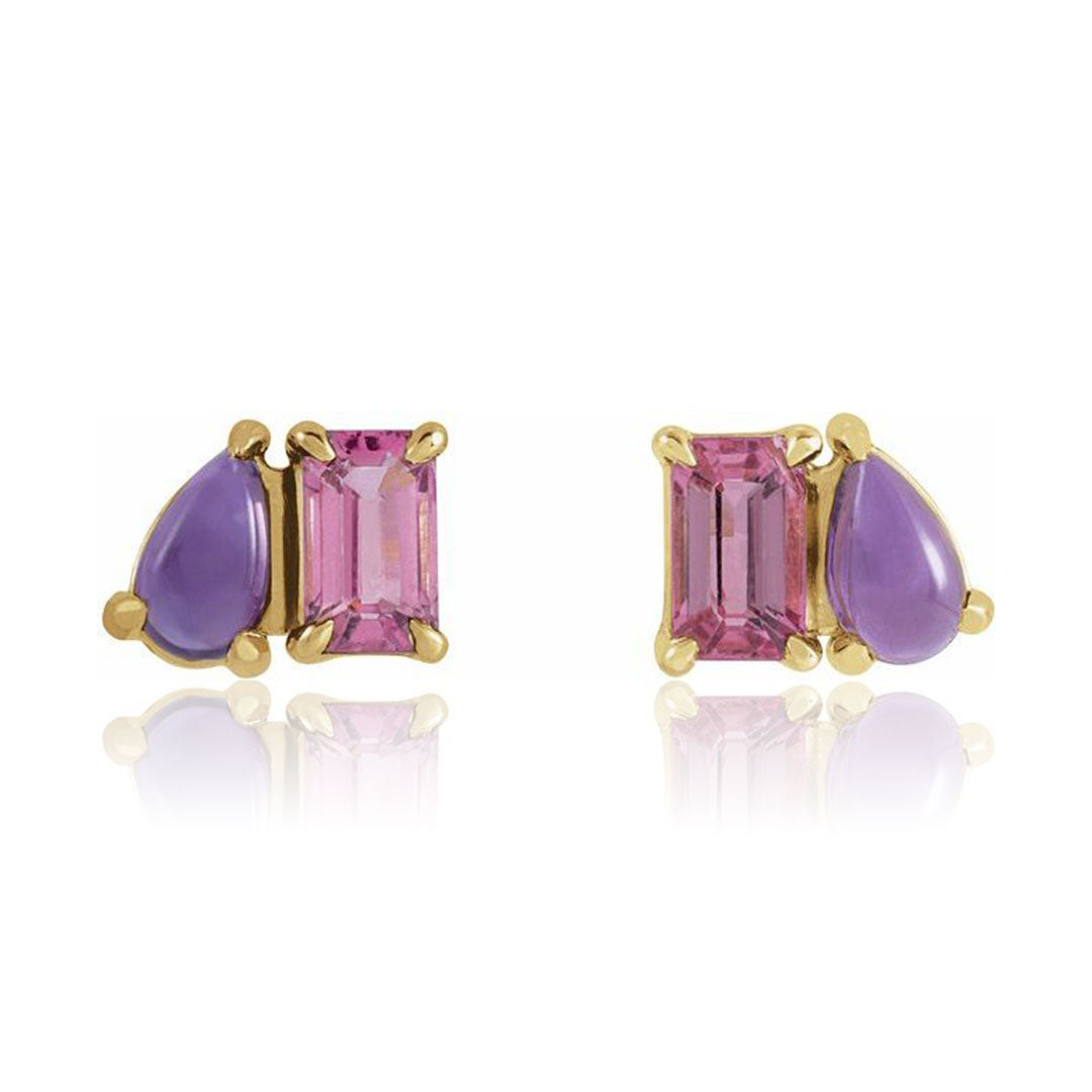 Emerald cut Pink Tourmaline & Pear Amethyst Two-Stone Birthstone Stud Earrings in gold