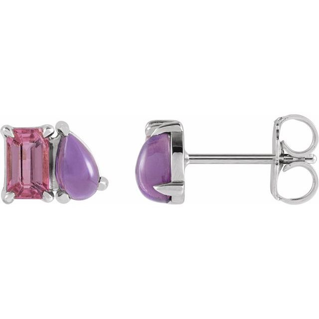 Pink Tourmaline & Amethyst Two-Stone white gold Stud Earrings side