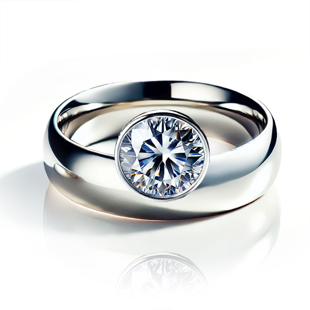 Olga Ring - Round Moissanite Offset Full Bezel Chunky Solitaire Engagement Ring 14k White Gold Ring by Nodeform