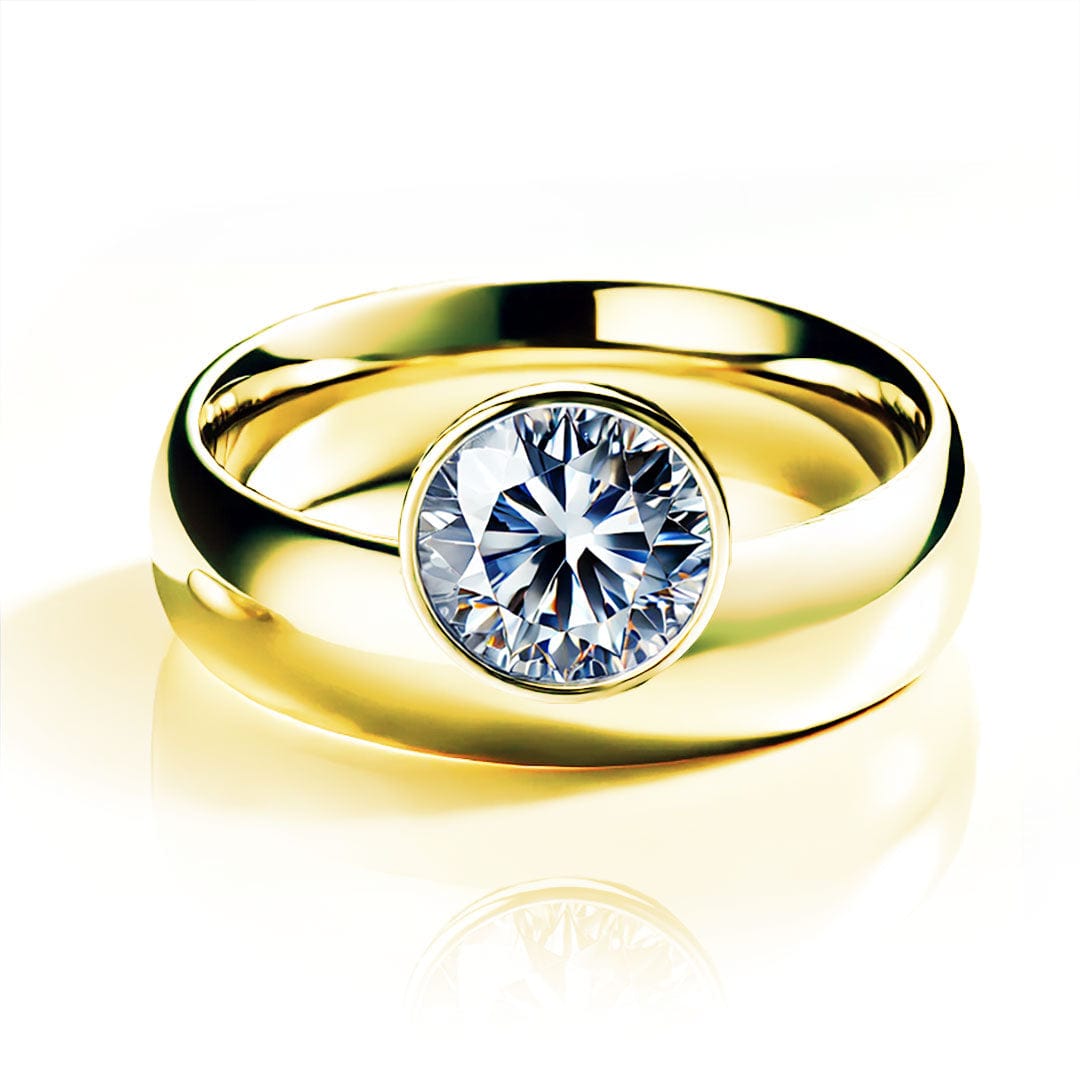 Olga Ring - Round Moissanite Offset Full Bezel Chunky Solitaire Engagement Ring 14k Yellow Gold Ring by Nodeform