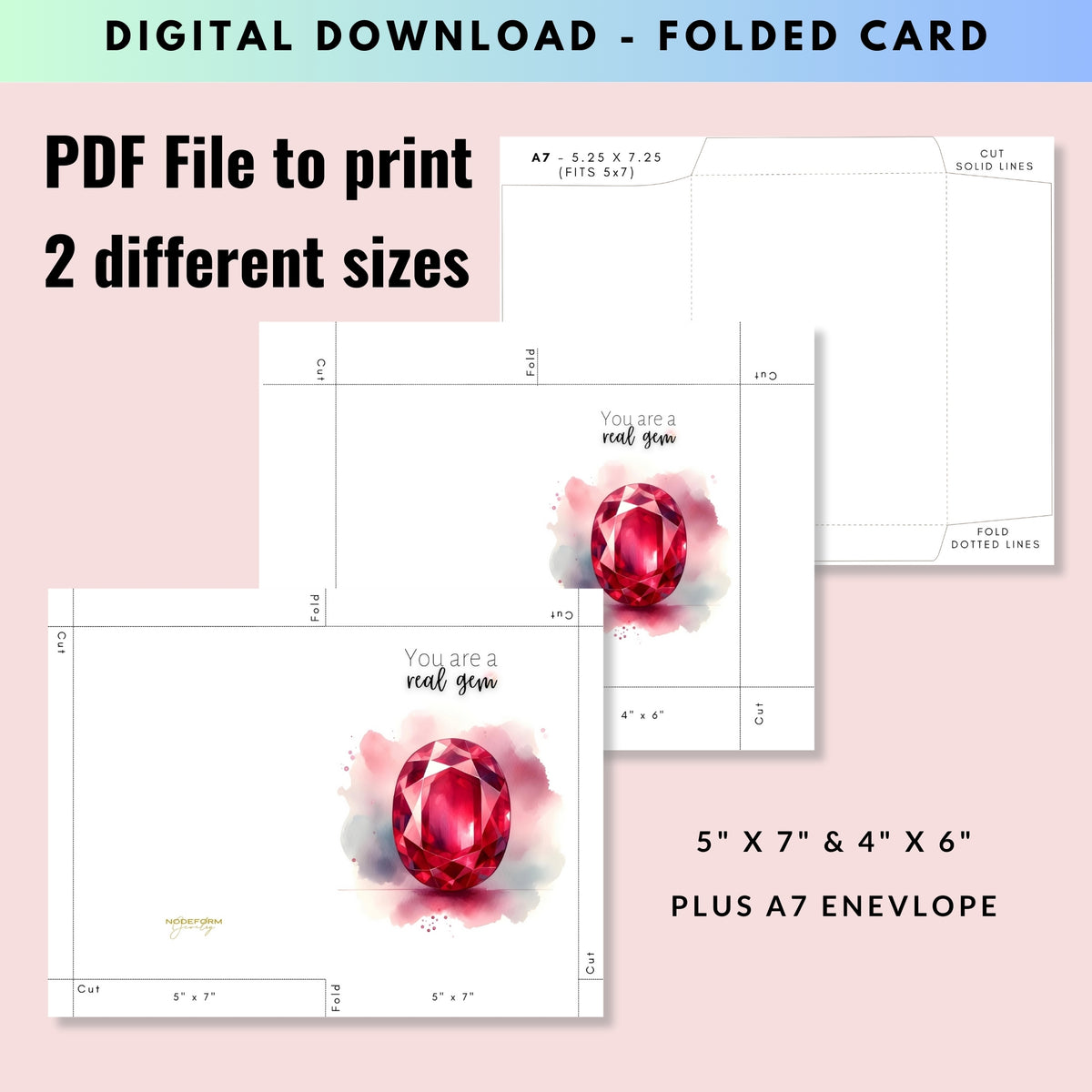 digital You are a real gem Watercolor Ruby Heart Folded Anniversary or July Birthday Card