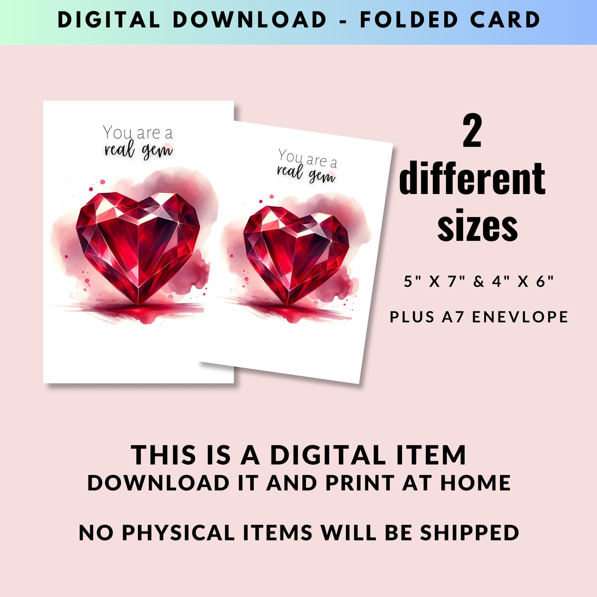digital You are a real gem Watercolor Ruby Heart Folded Anniversary or July Birthday Card