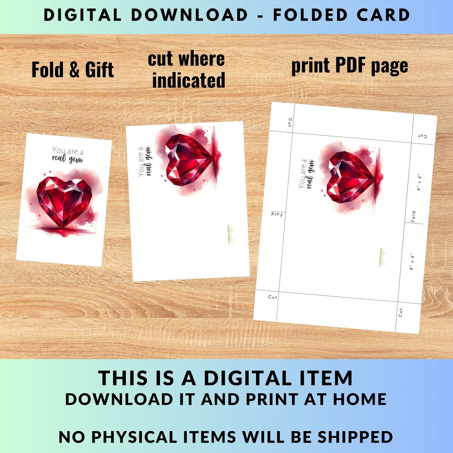 digital You are a real gem Watercolor Ruby Heart Folded Anniversary or July Birthday Card