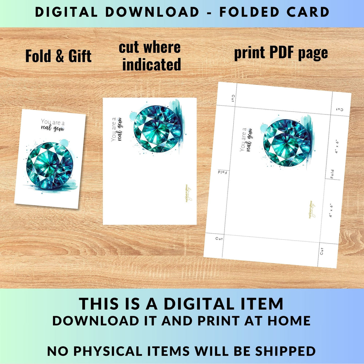 folding instructions You are a real gem | Watercolor Round Teal Sapphire Greeting Card