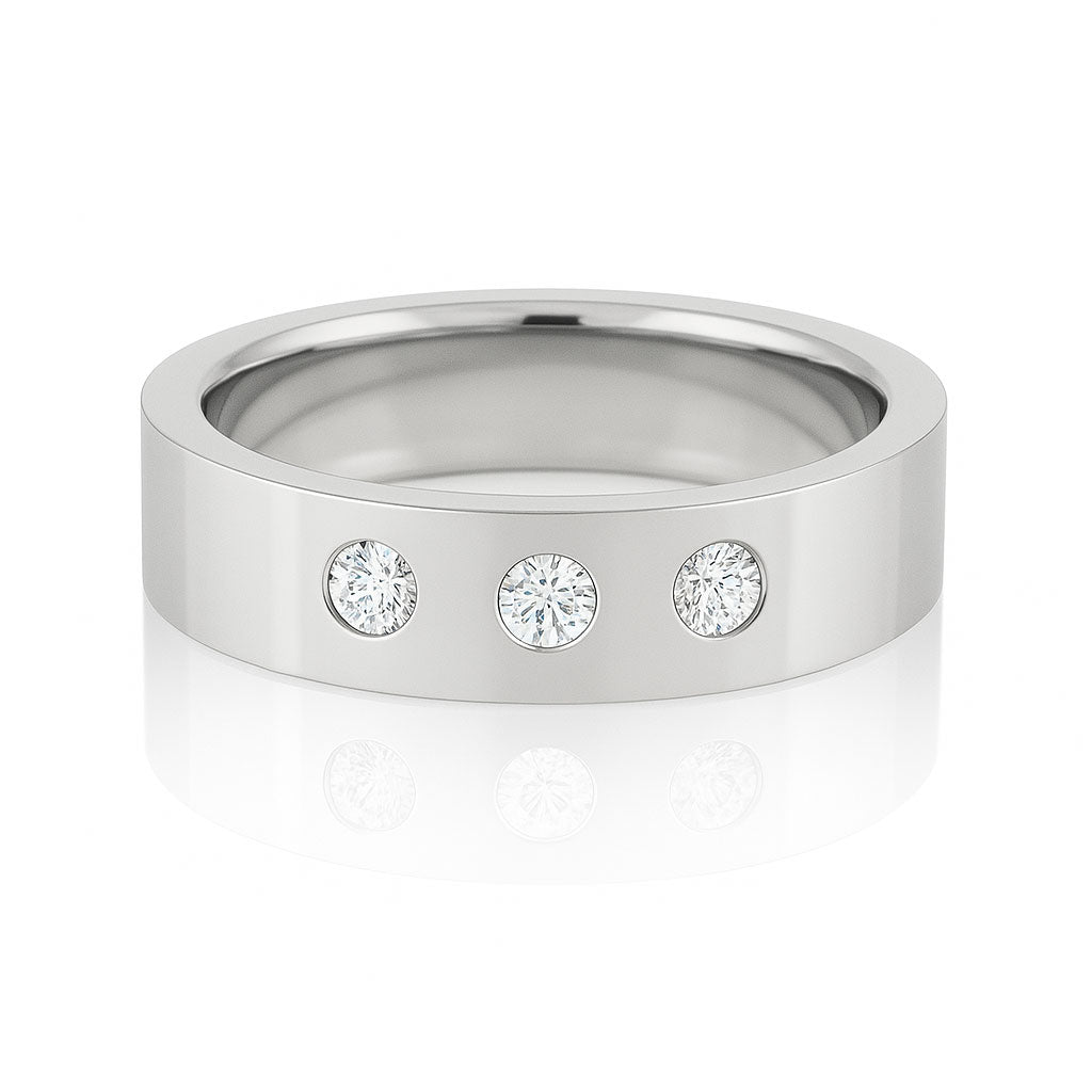 Sia Ring - 6mm wide 3 Diamond, Moissanite or Sapphire Flush Set Flat Wedding Band