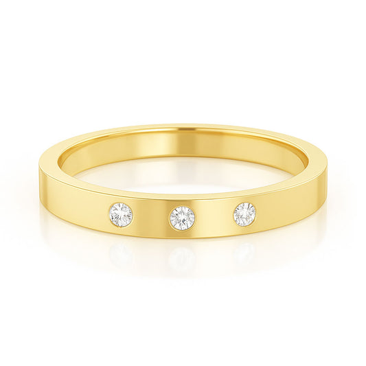 Sia Ring in gold by Nodeform - Narrow 2.5mm wide 3 diamond Flush Set Flat Wedding Band