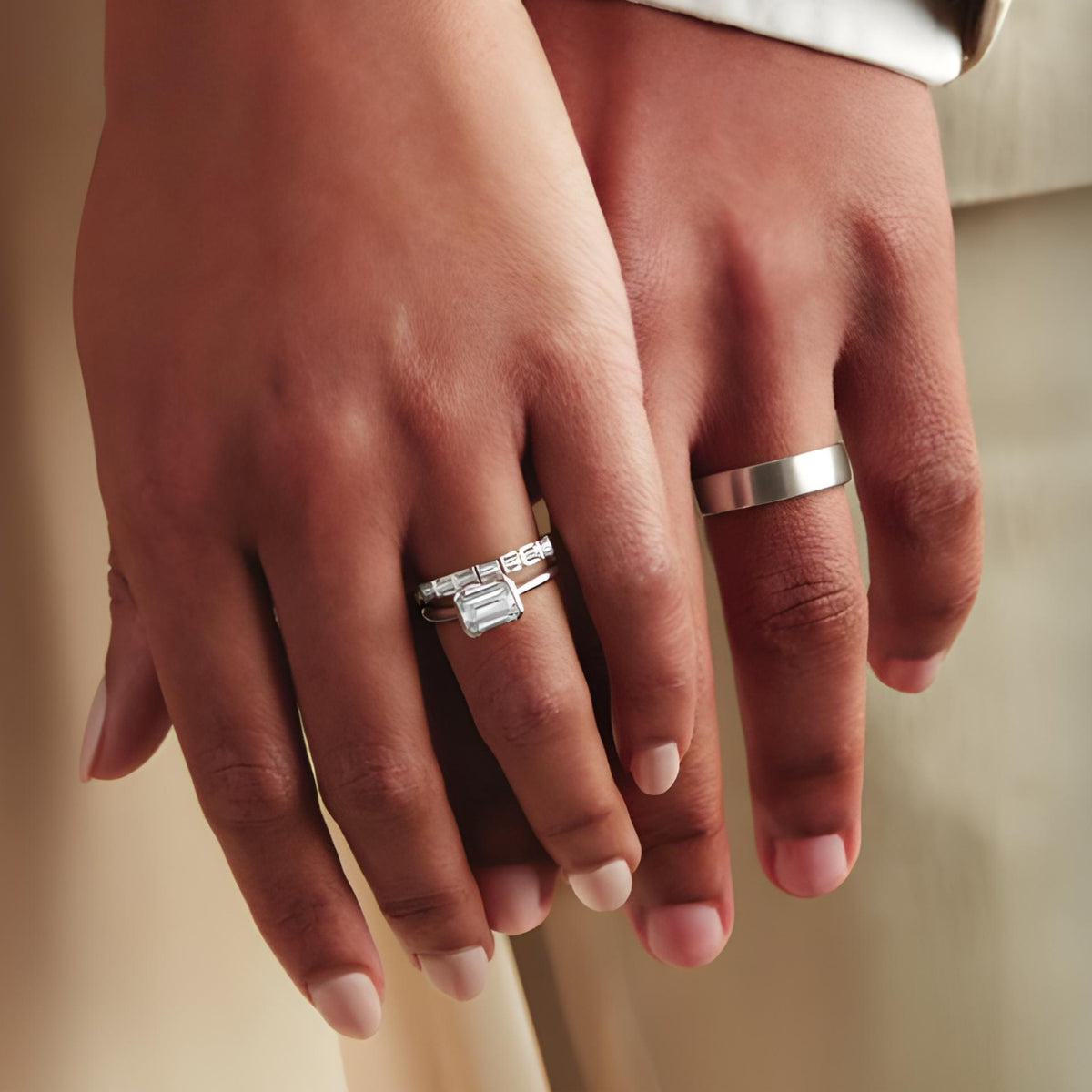 Sideways Emerald Cut Moissanite Ring Half Bezel Hannah Solitaire Engagement Ring