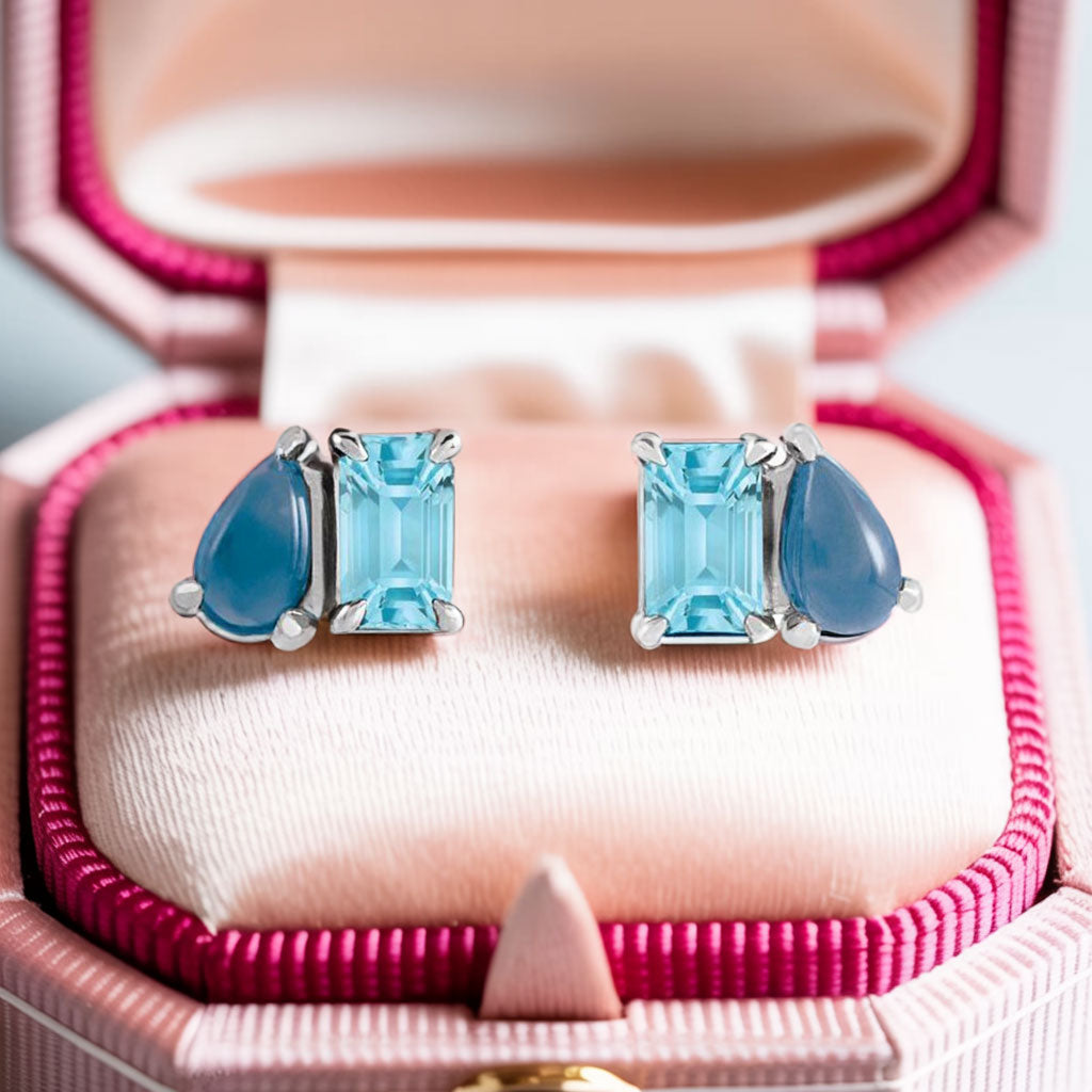 Sky Blue Topaz & Natural London Blue Topaz Two-Stone Stud Earrings in pink jewelry box