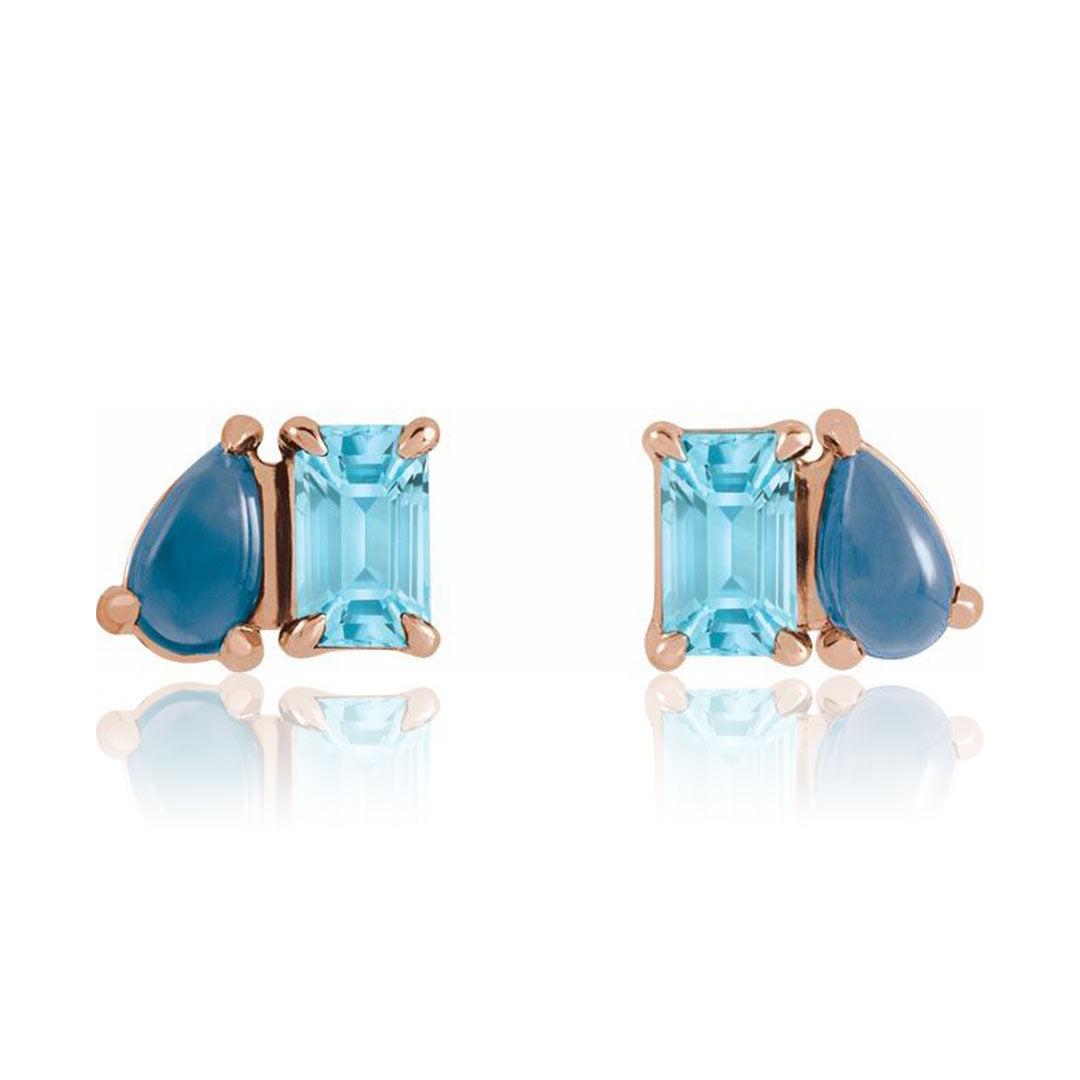 Sky Blue Topaz & Natural London Blue Topaz Two-Stone Rose Gold Stud Earrings