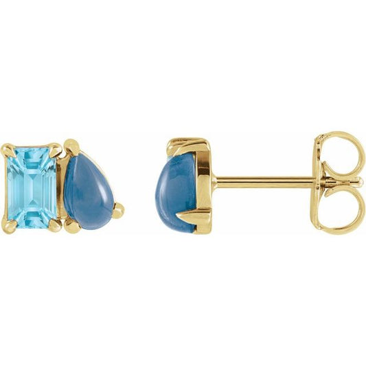 Sky Blue Topaz & Natural London Blue Topaz Two-Stone Gold Stud Earrings side view