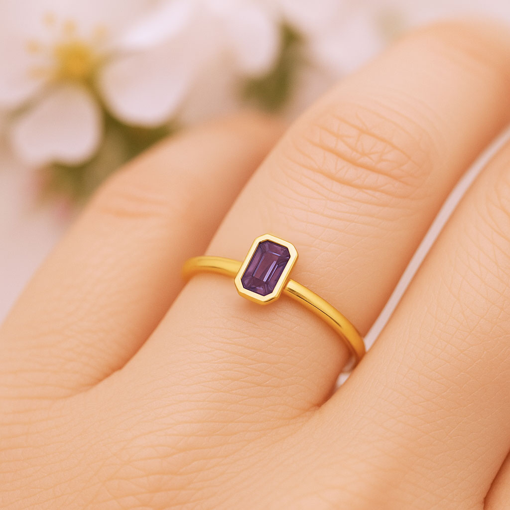 Alexandrite emerald cut stacking ring in gold front view