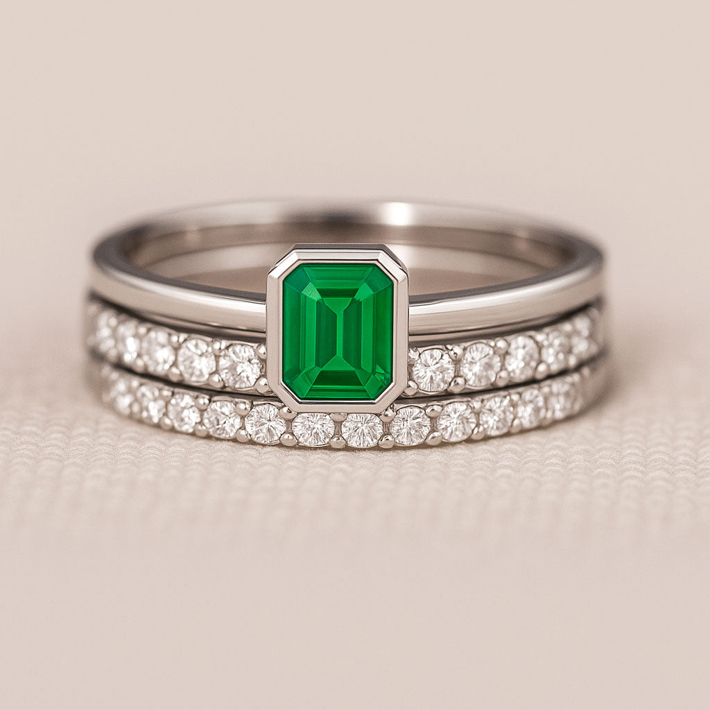 Step Cut Emerald Stacking Bezel Set Solitaire Promise Ring