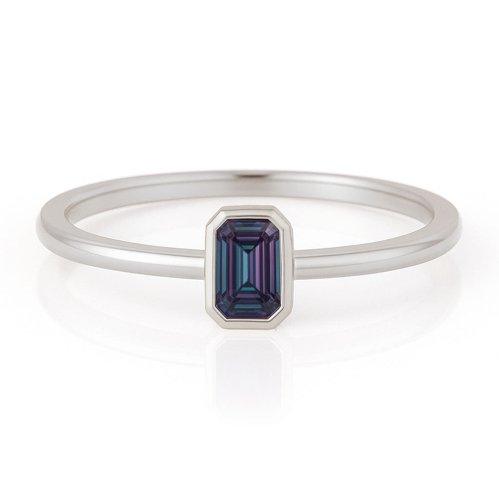 Alexandrite emerald cut stacking ring in white gold front