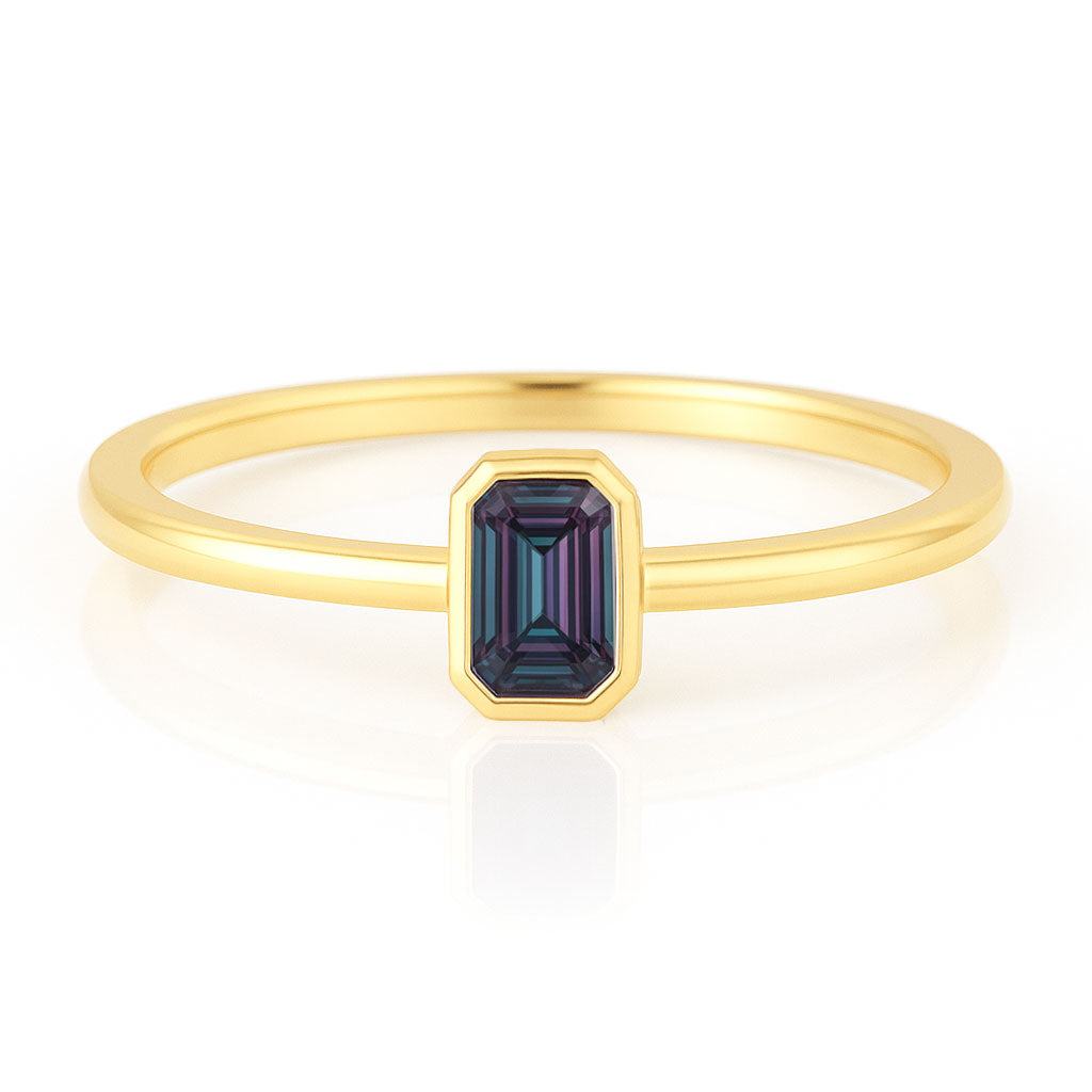 Alexandrite emerald cut stacking ring in gold front