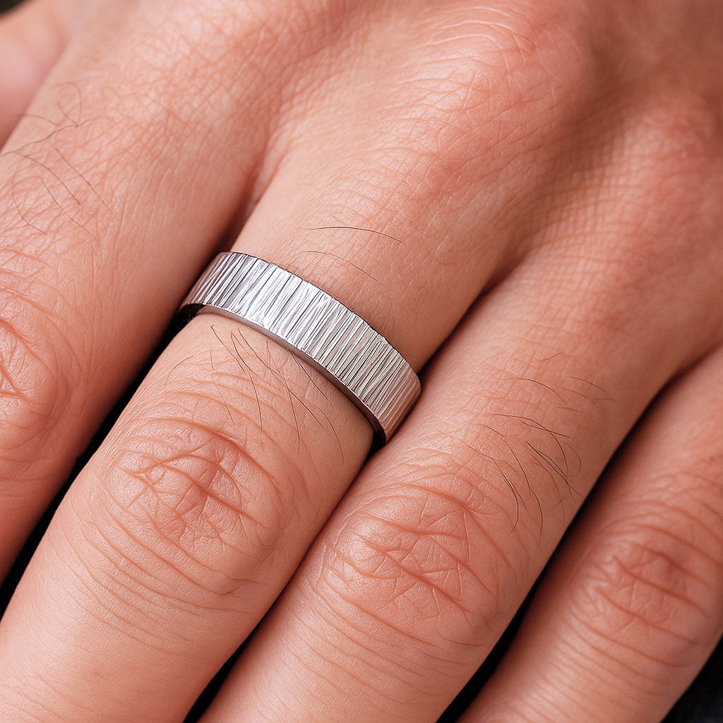 6mm Wide Tree Bark Textured Flat Comfort-fit Men's Wedding Band