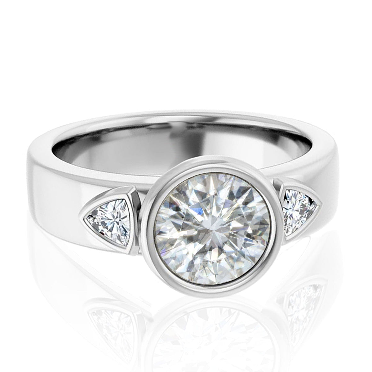 Trudy- Three Stone Bezel set Round Moissanite Engagement Ring with Trillion Side Accents Ring by Nodeform