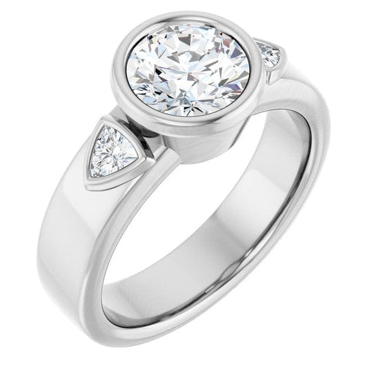 Trudy- Three Stone Bezel set Round Moissanite Engagement Ring with Trillion Side Accents 7mm Colorless Moissanite (DEF Color) / 14k Nickel White Gold Ring by Nodeform