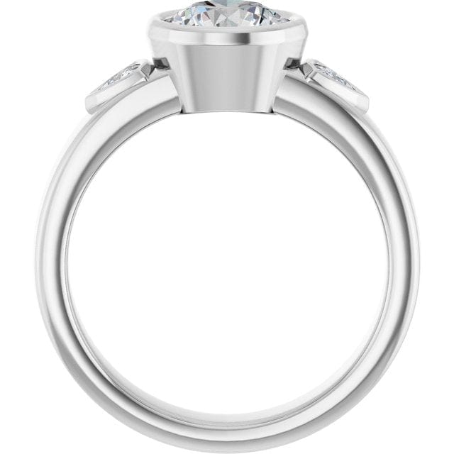 Trudy- Three Stone Bezel set Round Moissanite Engagement Ring with Trillion Side Accents Ring by Nodeform