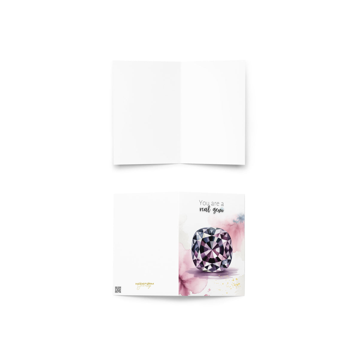 Folded Greeting card front and back with a cushion cut purple spinel watercolor illustration and text 'You are a real gem' on a white background
