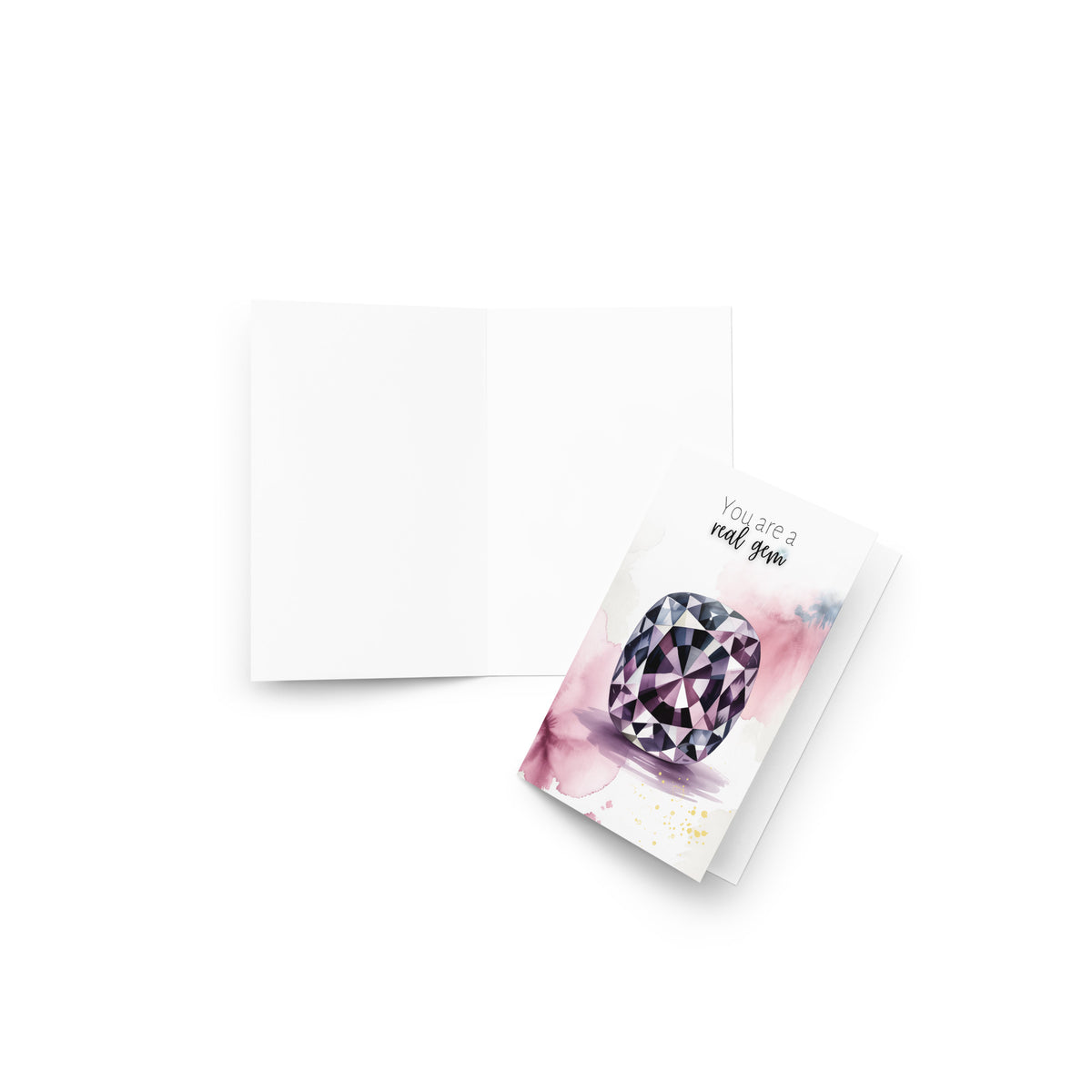 Folded Greeting card with a watercolor spinel illustration and text on a white background