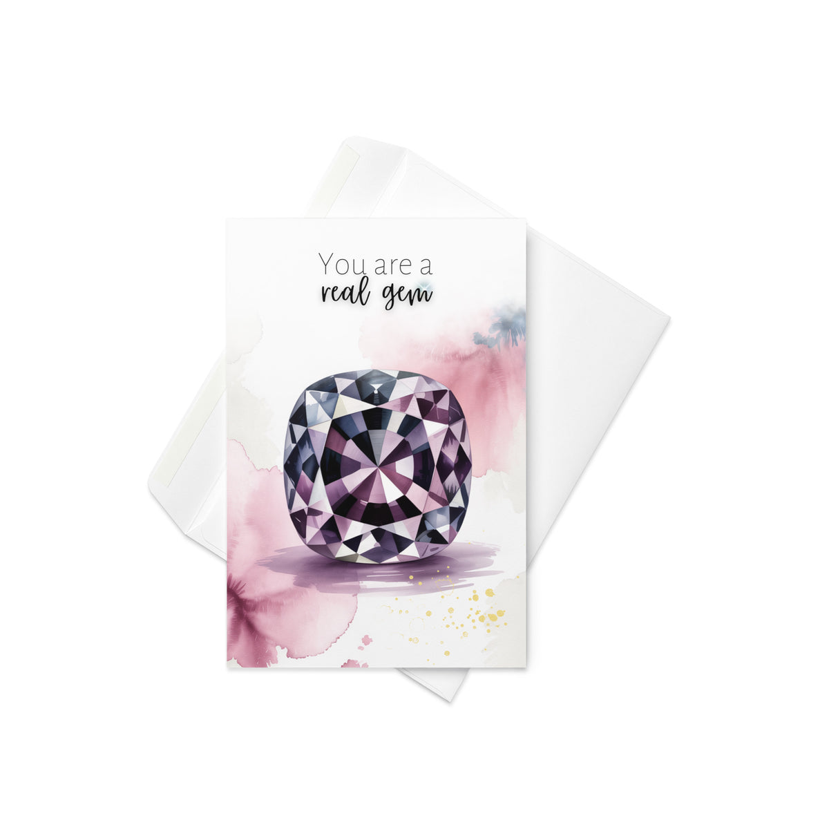 Folded Greeting card with a cushion cut purple spinel watercolor illustration and text 'You are a real gem' on a white background
