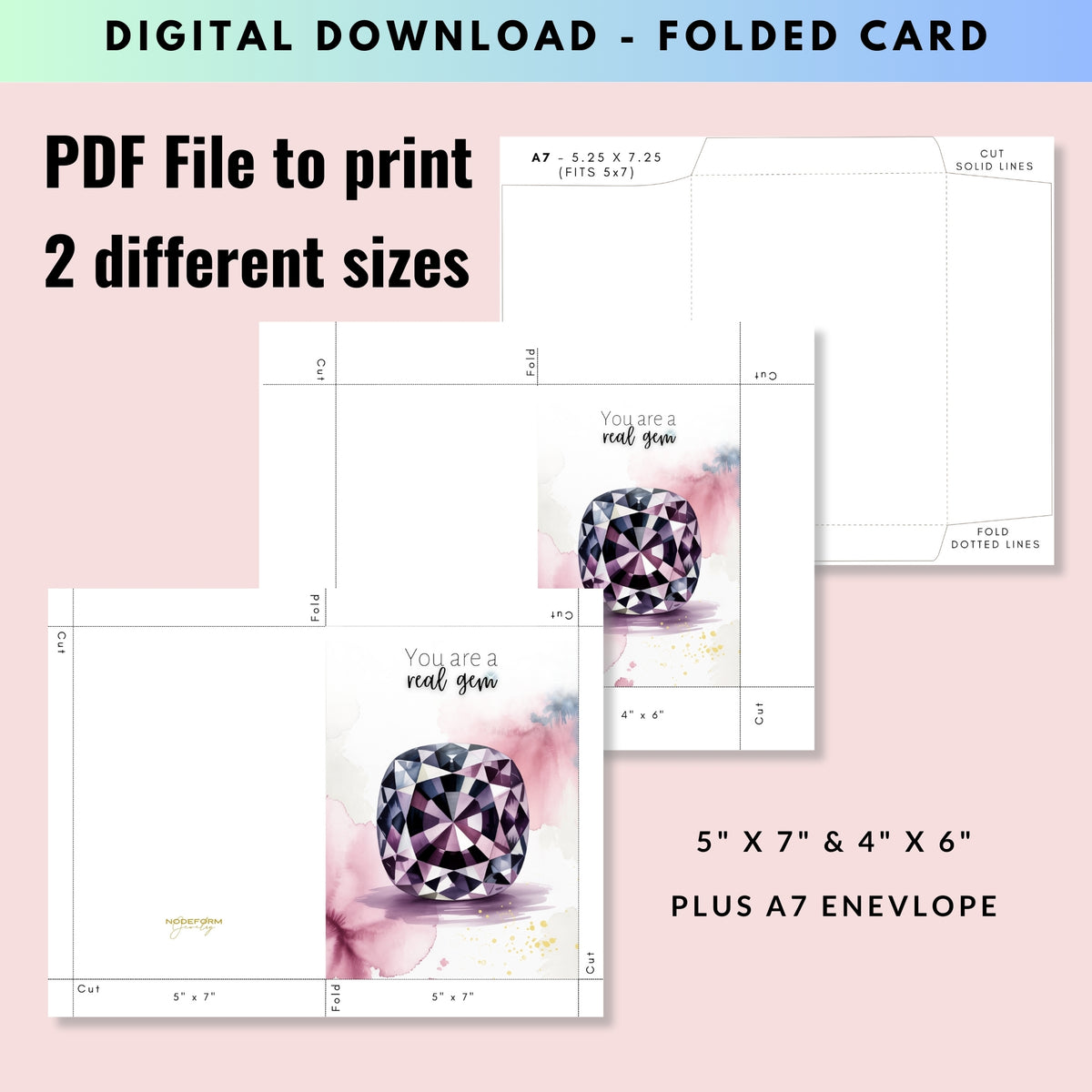 Digital download of a folded card with a spinel design on a pink background