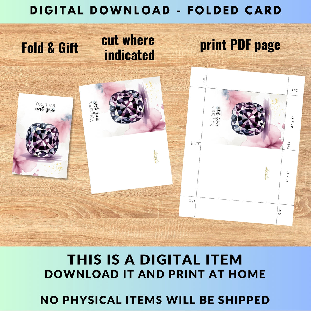 Digital download folded card with spinel gemstone design on a wooden surface