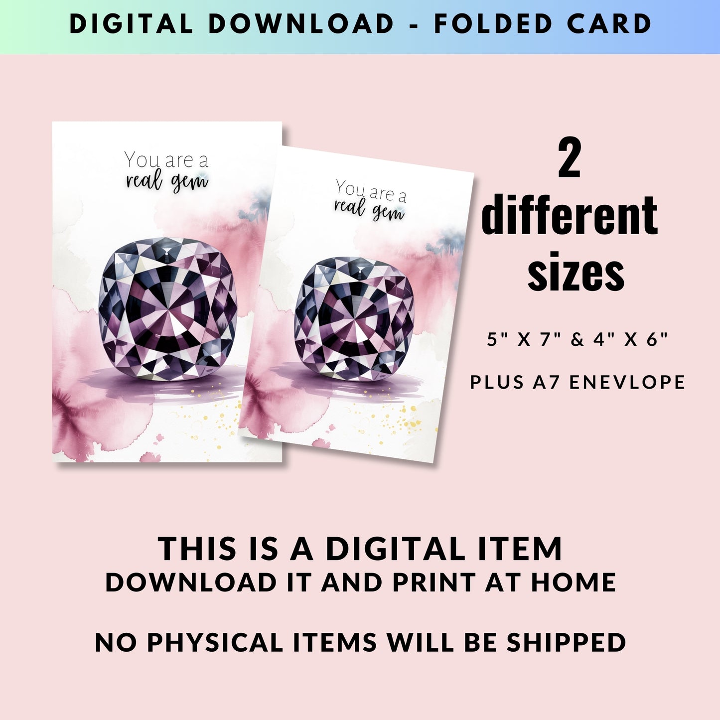 Digital download of folded cards with a spinel gem design on a pink background