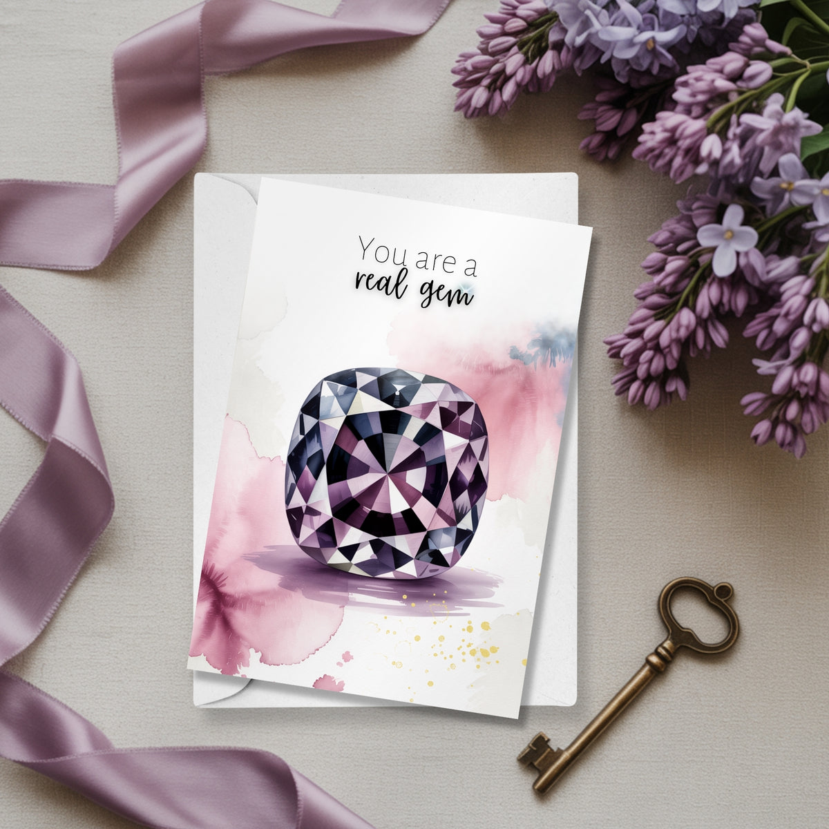 Greeting card with a watercolor spinel illustration and 'You are a real gem' text, surrounded by flowers and ribbons.