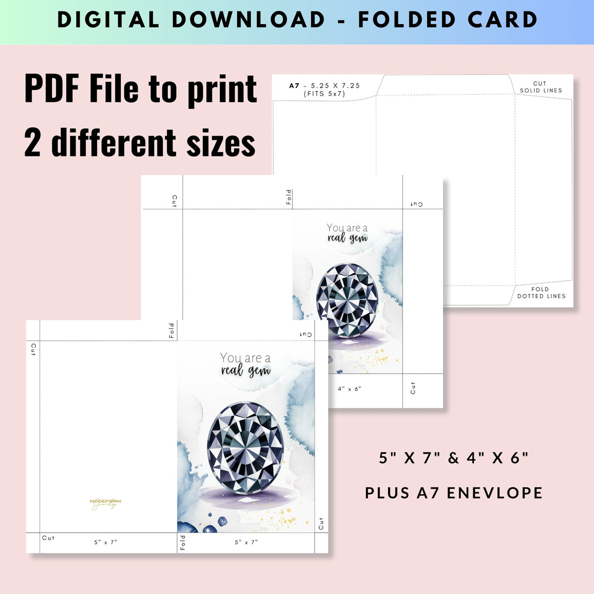 Digital download of folded card with oval Spinel Gemstone design on a pink background