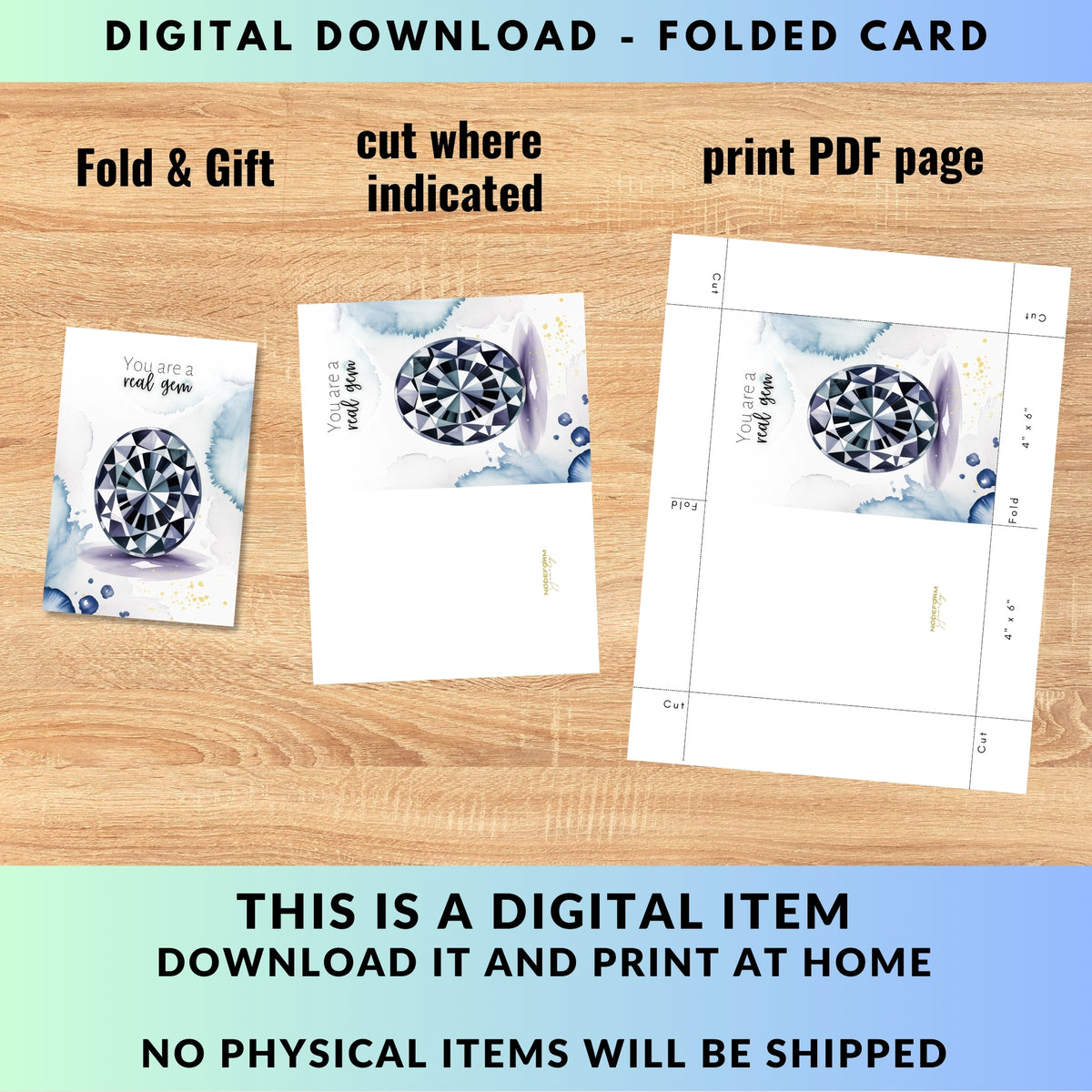 Digital download folded card with instructions on a wooden surface