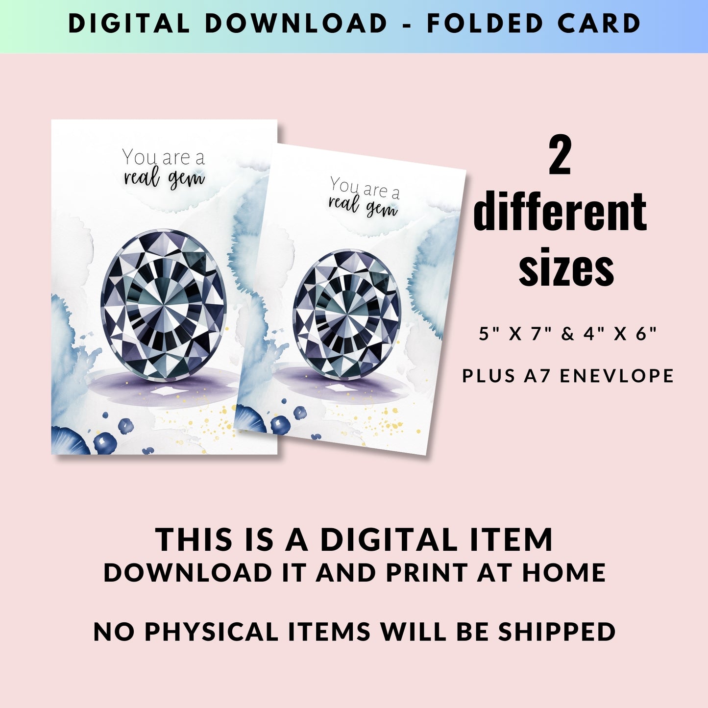 You are a real Gem | Watercolor Oval Blue Spinel Folded Card