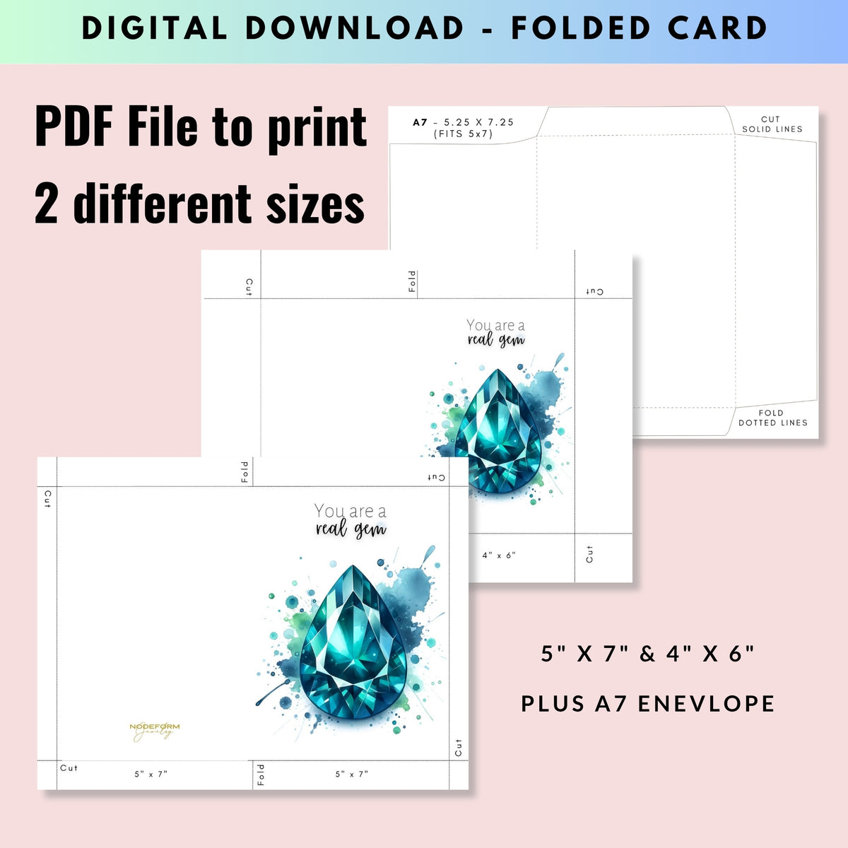 digital download explainer of Watercolor Pear Teal Sapphire You are a Real Gem Greeting Card