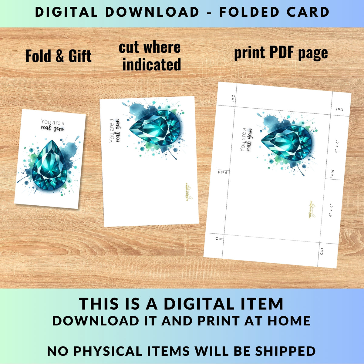 cutting instructions for Watercolor Pear Teal Sapphire You are a Real Gem Greeting Card