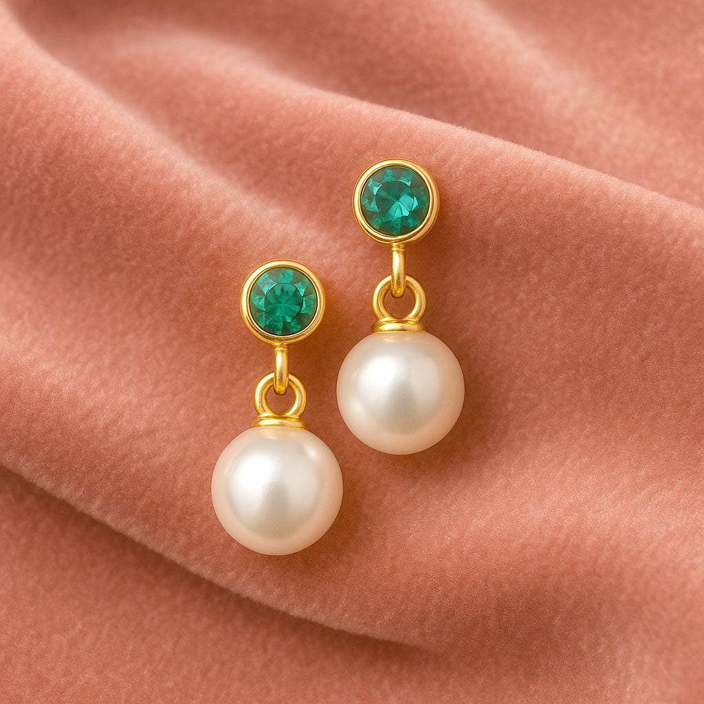 White Akoya Pearl & Bezel Set Emerald Stud Earrings