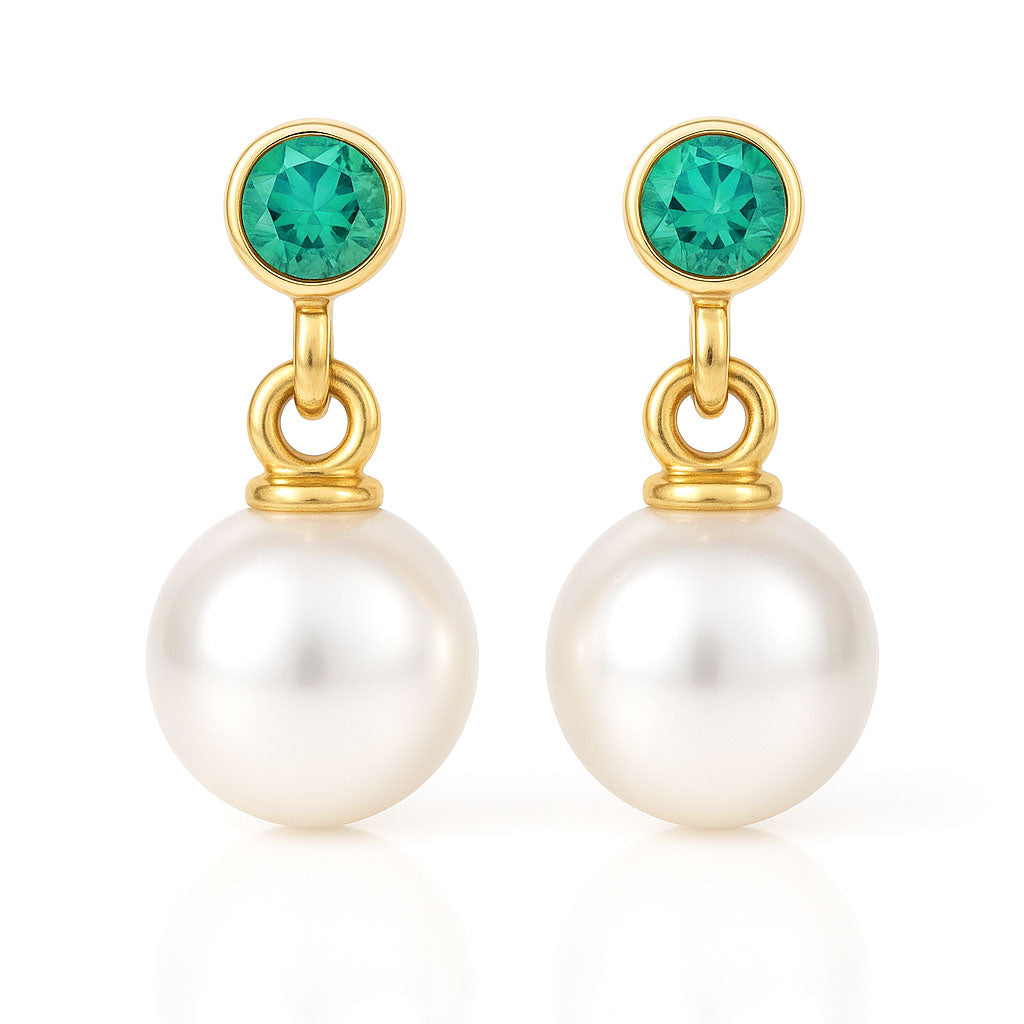 White Akoya Pearl & Bezel Set Emerald Stud Earrings