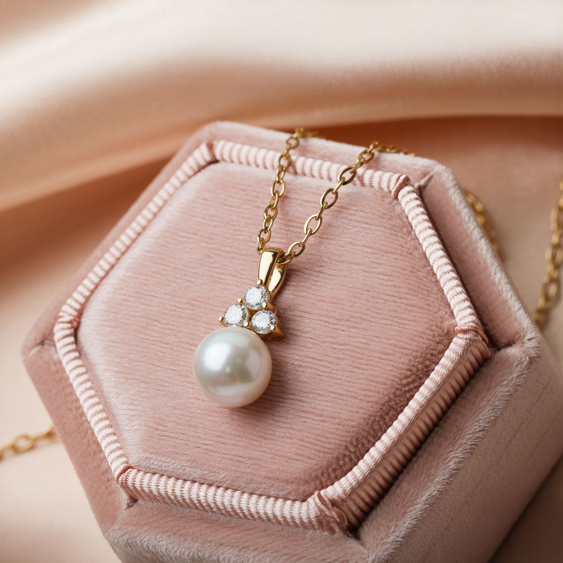White Akoya Pearl Diamond Accented 14k Yellow Gold Dangle Pendant Necklace laying on pink velvet box