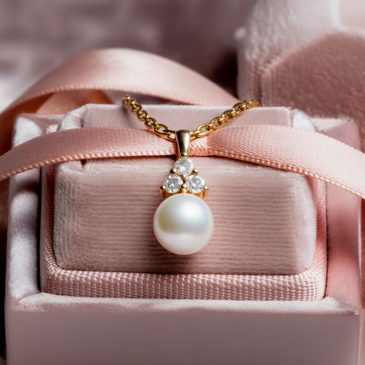 White Akoya Pearl Diamond Accented 14k Yellow Gold Dangle Pendant Necklace draped over box
