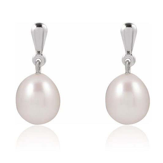 White Freshwater Pearl Gold Drop Stud Earrings