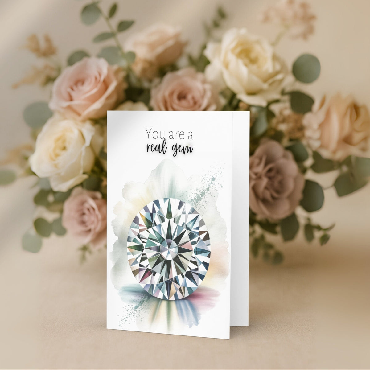 Greeting card with diamond illustration and floral background