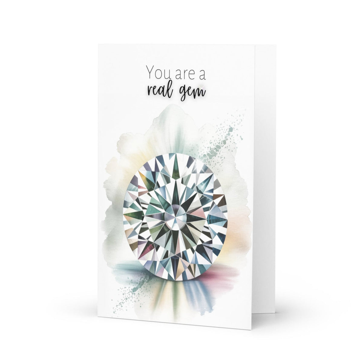 Greeting card with a round diamond watercolor illustration and text 'You are a real gem' on a white background