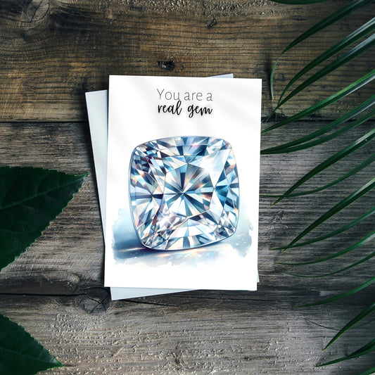 You are a real Gem | Watercolor Cushion Cut Moissanite Folded Card