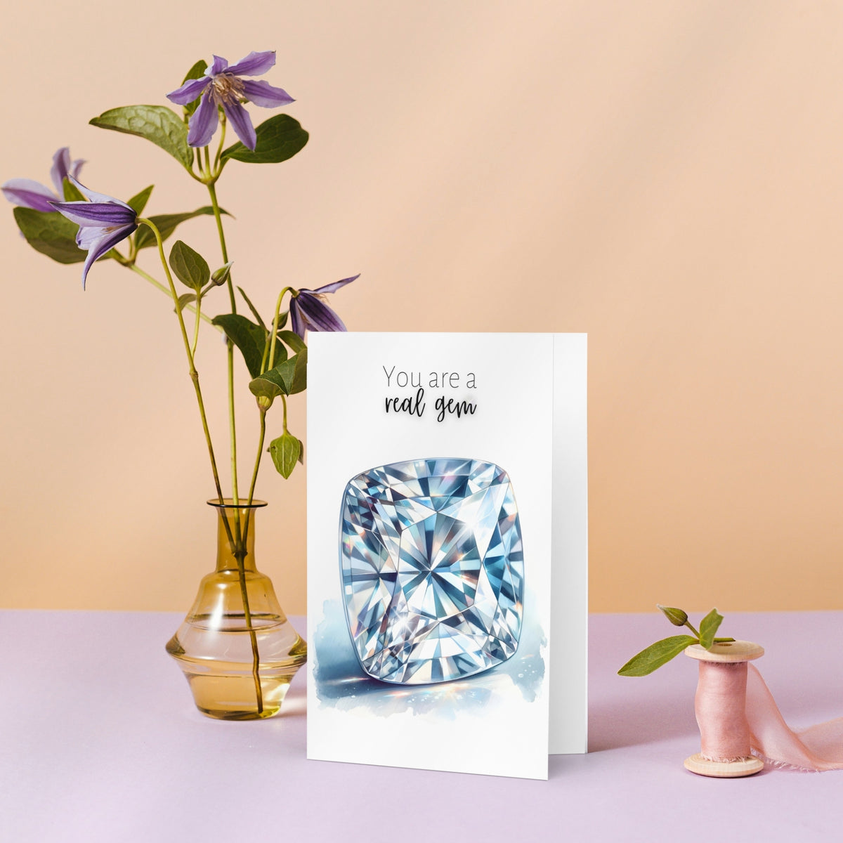 You are a real Gem | Watercolor Cushion Cut Moissanite Folded Card