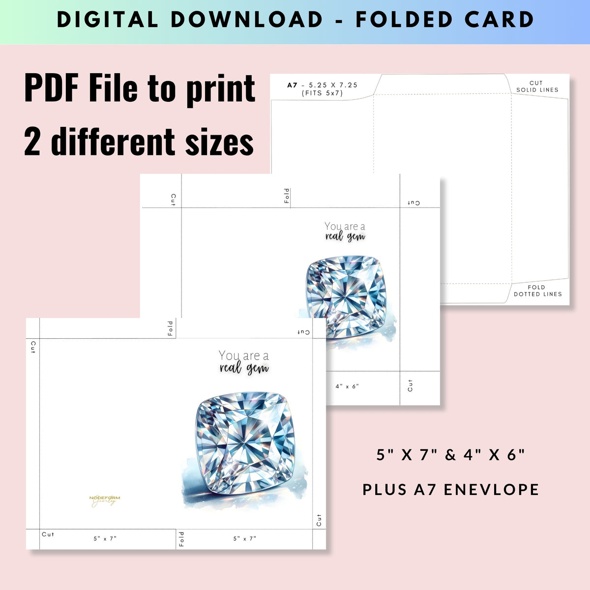 Digital download of folded card with diamond design on a pink background