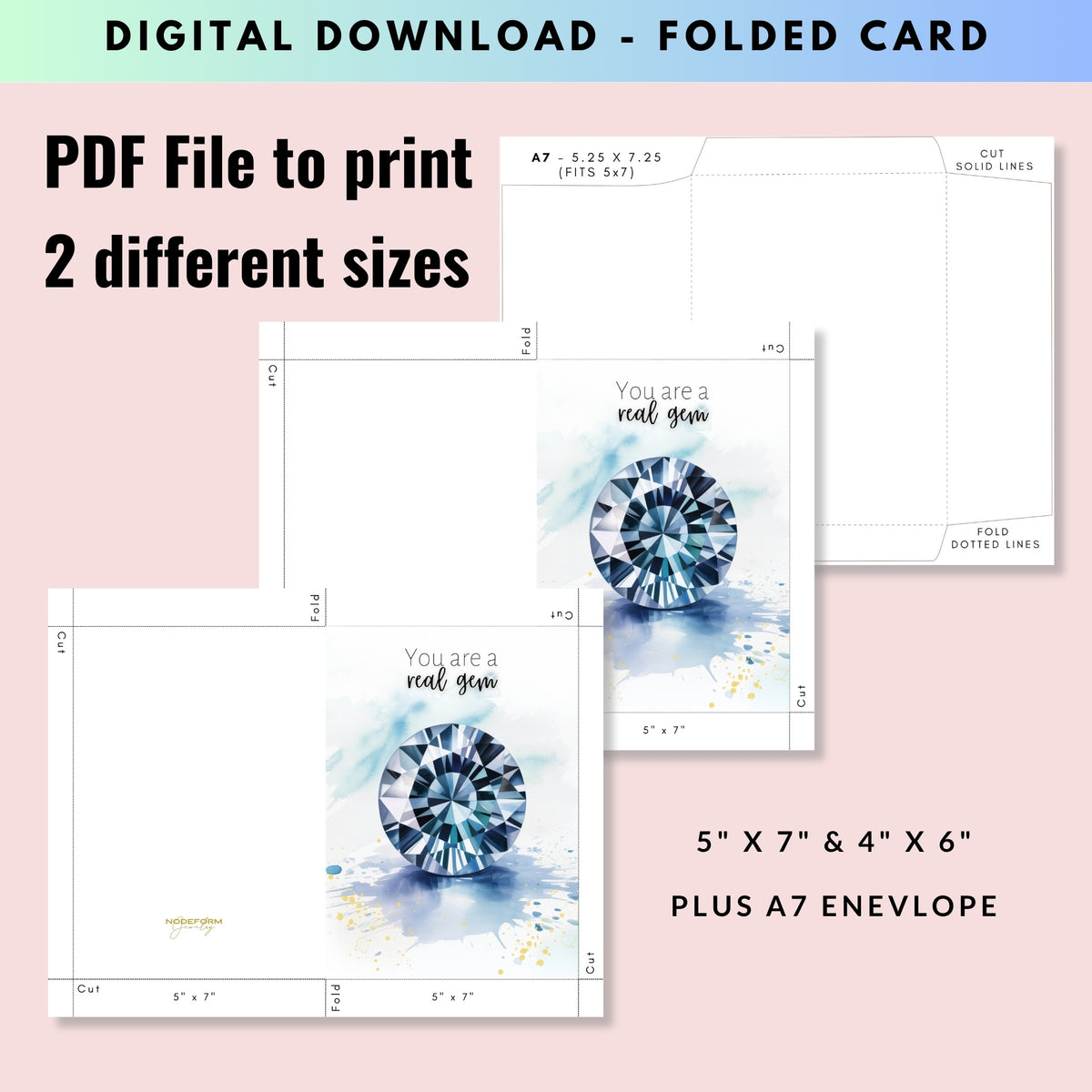 Digital download of a folded card with blue spinel gem design on a pink background