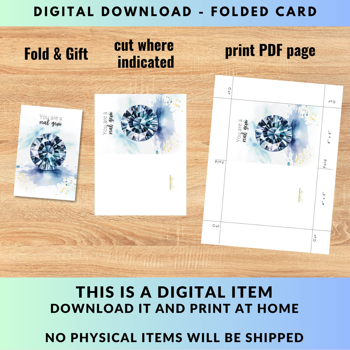 instructions how to do the Digital download folded card with watercolor design on a wooden surface