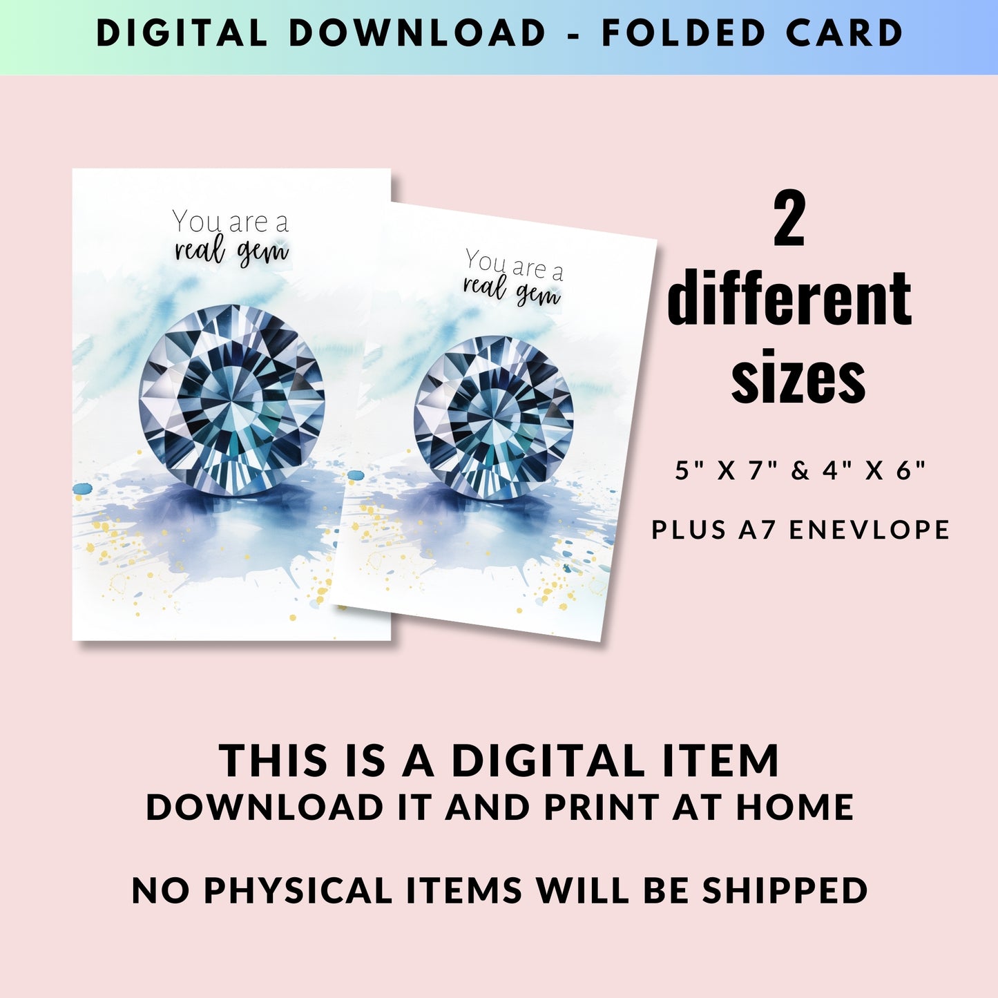 Two folded cards with blue spinel gemstone designs and text on a pink background, with text about digital download and card sizes.
