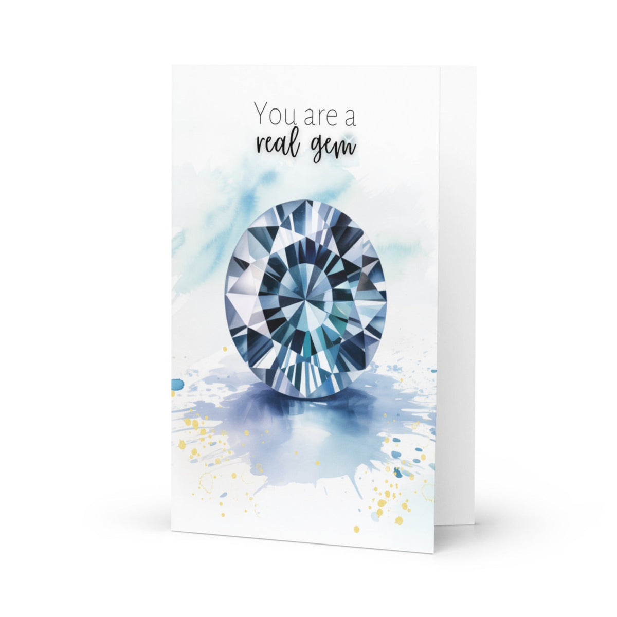Greeting card with a blue Spinel gem watercolor illustration and encouraging text on a white background
